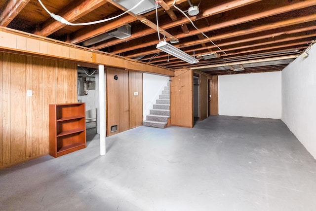 basement with wood walls