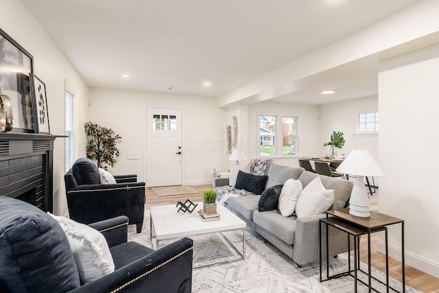 living room featuring a fireplace and light hardwood / wood-style flooring