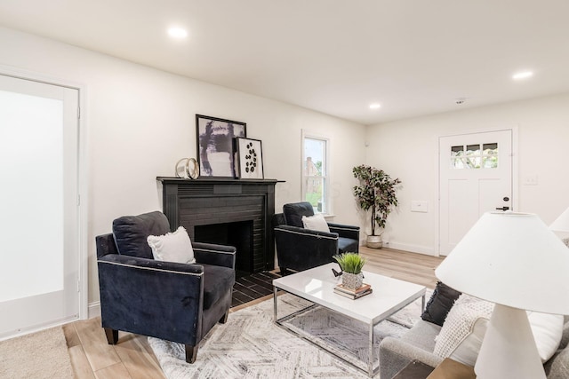 living room with a fireplace and light hardwood / wood-style flooring