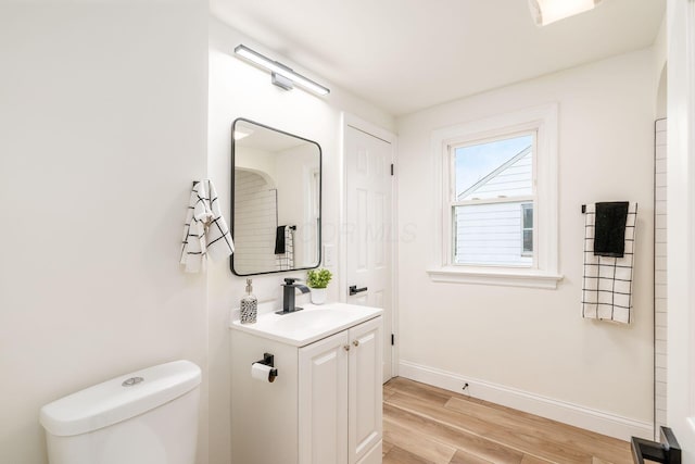 bathroom with vanity, wood-type flooring, and toilet