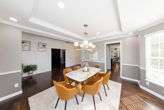 dining space featuring dark hardwood / wood-style floors, a tray ceiling, and a healthy amount of sunlight