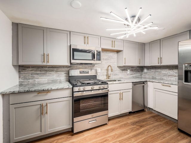 kitchen with decorative backsplash, sink, light wood-type flooring, and appliances with stainless steel finishes