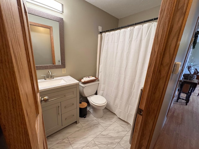 bathroom featuring vanity, wood-type flooring, a textured ceiling, and toilet