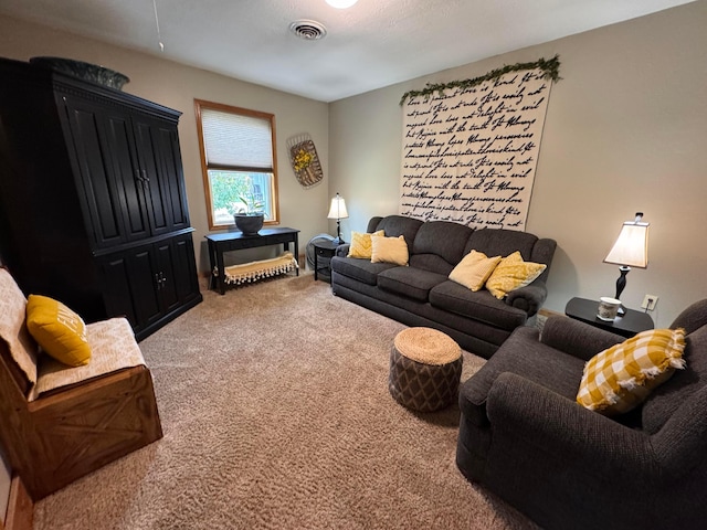 carpeted living room featuring a textured ceiling