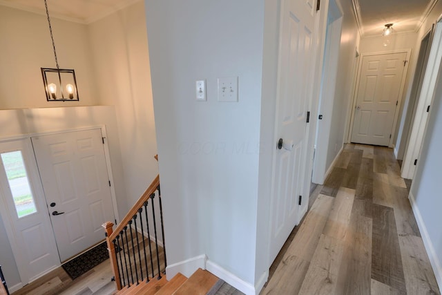 foyer entrance featuring light wood-type flooring and ornamental molding