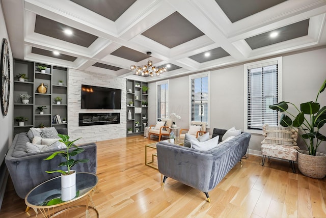 living room with a fireplace, wood-type flooring, and coffered ceiling