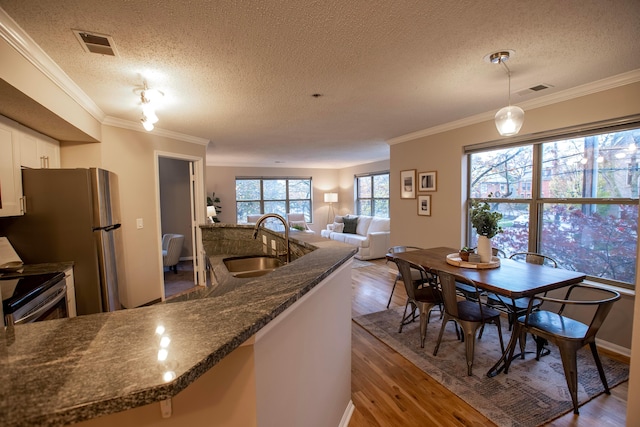 kitchen featuring sink, hanging light fixtures, dark stone counters, stainless steel appliances, and white cabinets