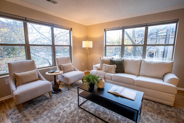 39 Buttles Ave Unit 39, Columbus, OH 43215 - living room featuring wood finished floors, a textured ceiling, healthy amount of natural light, and crown molding