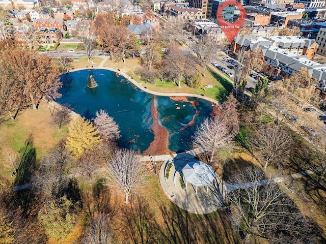 bird's eye view with a water view