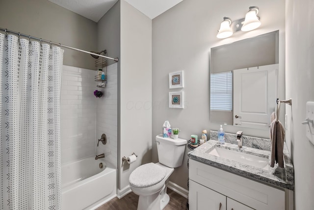 full bathroom with hardwood / wood-style flooring, vanity, toilet, and shower / bathtub combination with curtain