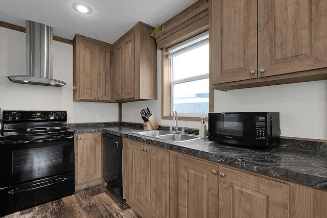 kitchen featuring black appliances, sink, wall chimney exhaust hood, dark hardwood / wood-style floors, and a textured ceiling