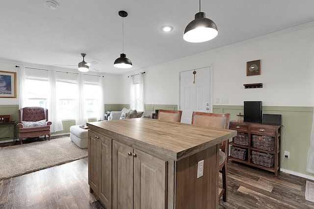 kitchen with ceiling fan, dark hardwood / wood-style flooring, and decorative light fixtures