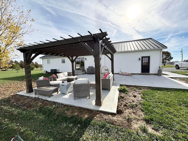 view of patio / terrace with an outdoor living space and a pergola