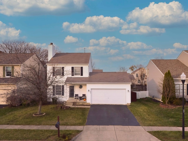 view of front of property with a garage and a front lawn