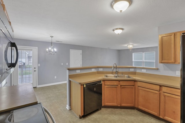 kitchen with an inviting chandelier, sink, a textured ceiling, black dishwasher, and decorative light fixtures