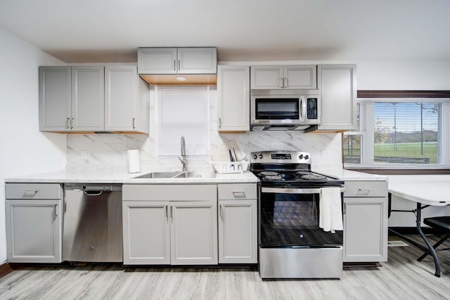 kitchen with backsplash, gray cabinetry, sink, and stainless steel appliances