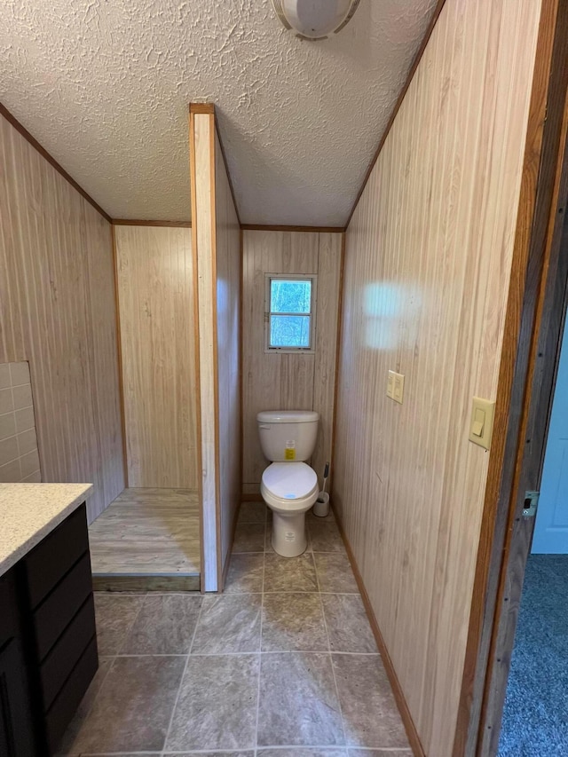 bathroom featuring vanity, wood walls, and a textured ceiling