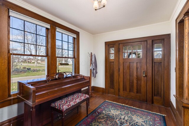 foyer entrance featuring baseboards, wood finished floors, and ornamental molding