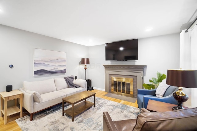 living room with a fireplace and light hardwood / wood-style floors