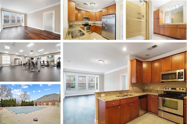 kitchen with kitchen peninsula, sink, light hardwood / wood-style floors, and appliances with stainless steel finishes