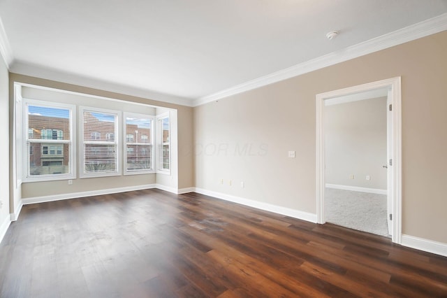 unfurnished room with crown molding and dark wood-type flooring