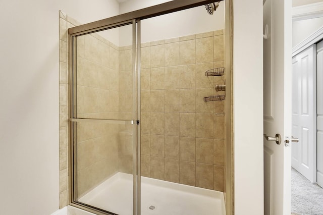 bathroom with a shower with shower door