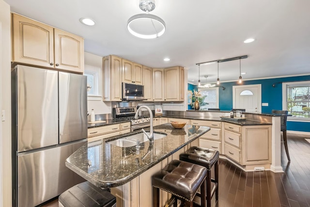 kitchen featuring sink, dark hardwood / wood-style floors, kitchen peninsula, a breakfast bar area, and appliances with stainless steel finishes