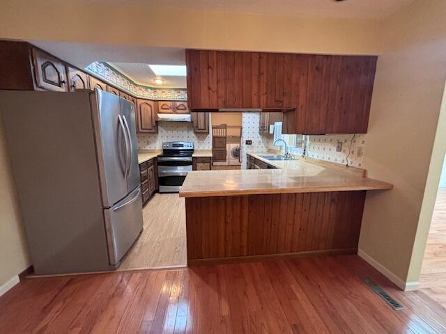 kitchen with sink, stainless steel appliances, backsplash, kitchen peninsula, and light wood-type flooring