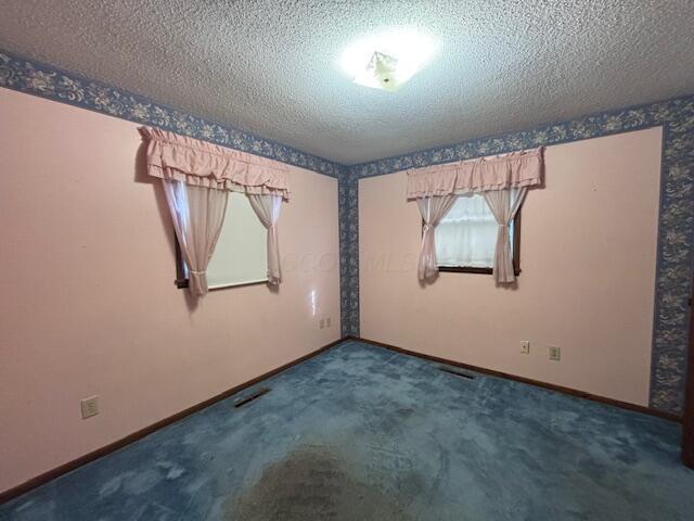 carpeted empty room with a textured ceiling