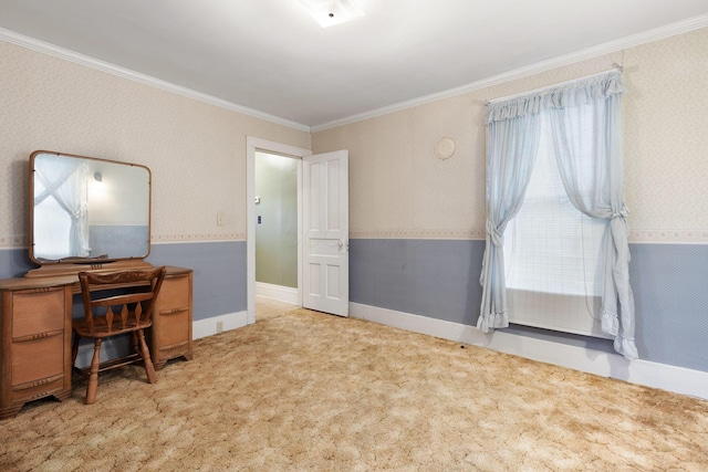 carpeted office space with crown molding