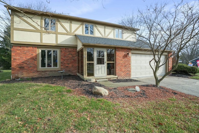 tudor-style house with a garage and a front yard