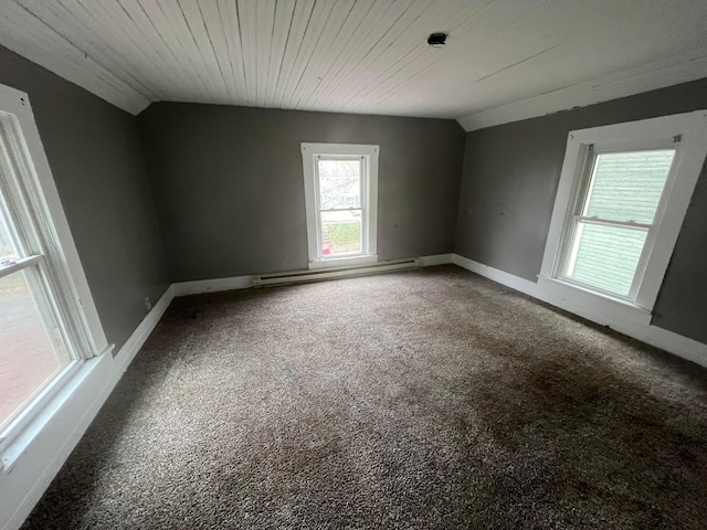 spare room featuring carpet flooring, vaulted ceiling, and baseboard heating