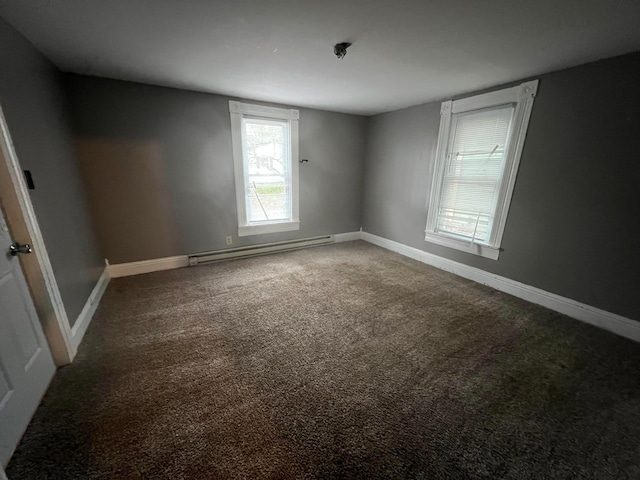 empty room featuring carpet flooring and a baseboard heating unit