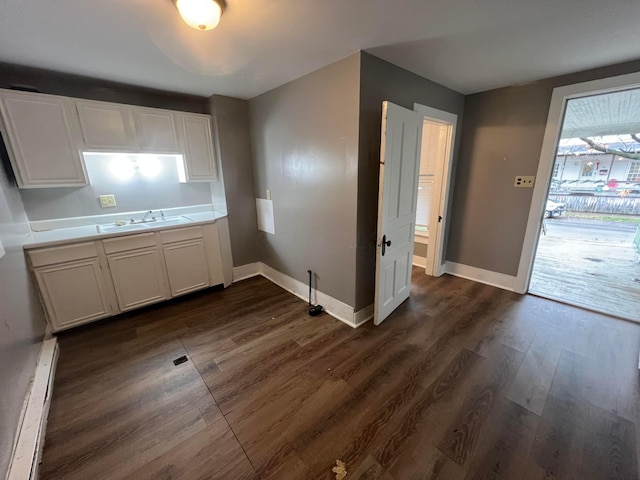 kitchen with white cabinetry, sink, and dark wood-type flooring