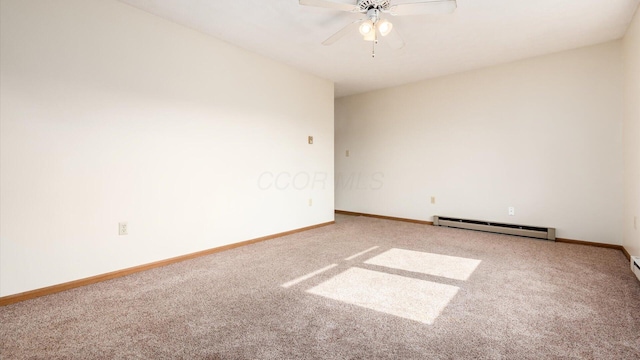 carpeted empty room with baseboard heating and ceiling fan