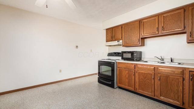 kitchen featuring black appliances, ceiling fan, and sink