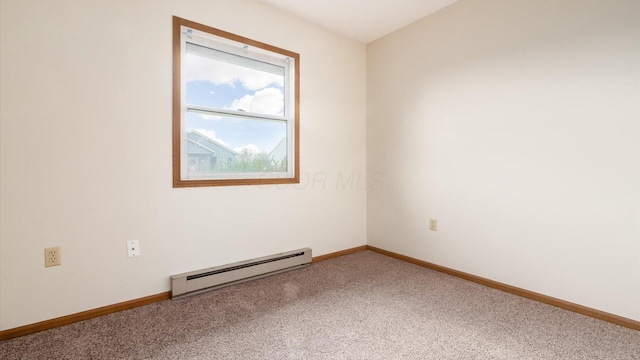 empty room featuring carpet floors and baseboard heating