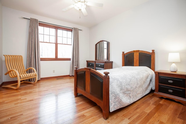 bedroom with ceiling fan and light wood-type flooring