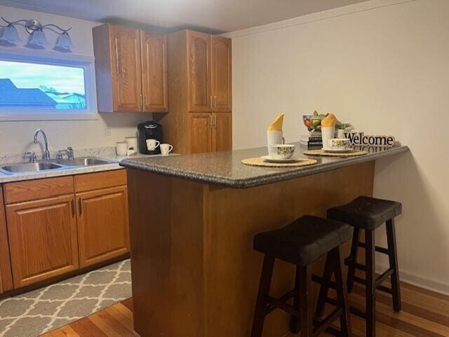 kitchen with ornamental molding, hardwood / wood-style flooring, a breakfast bar area, and sink