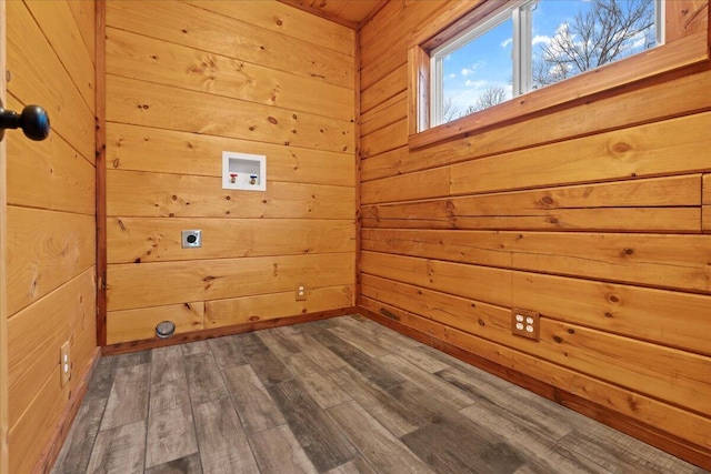 laundry room featuring dark hardwood / wood-style flooring, wooden walls, hookup for a washing machine, and electric dryer hookup