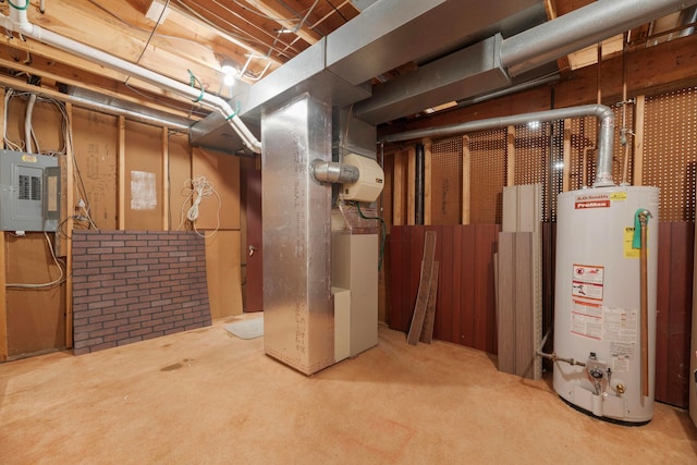 basement featuring carpet flooring, gas water heater, electric panel, and heating unit