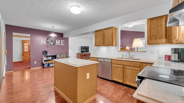 kitchen with pendant lighting, a center island, sink, stainless steel dishwasher, and light wood-type flooring