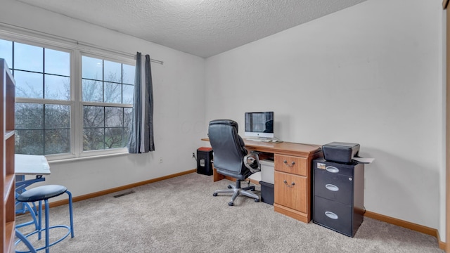 carpeted office space with a textured ceiling