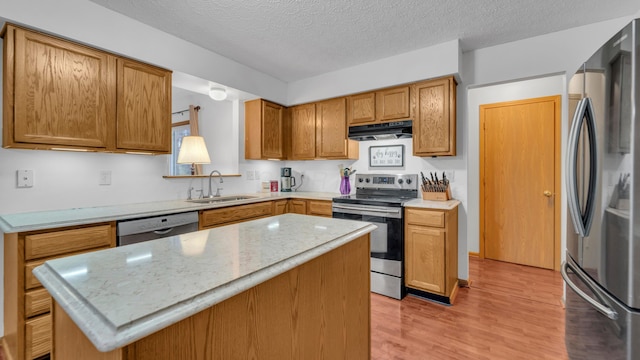 kitchen with sink, stainless steel appliances, ventilation hood, light hardwood / wood-style floors, and a kitchen island