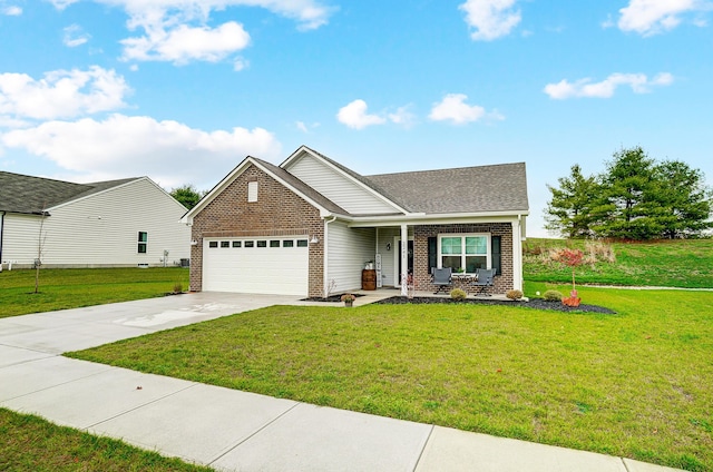 view of front of home featuring a front lawn, covered porch, and a garage