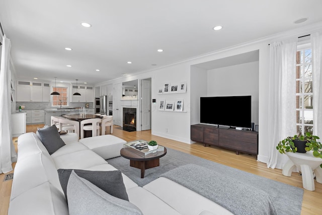 living room featuring ornamental molding and light wood-type flooring