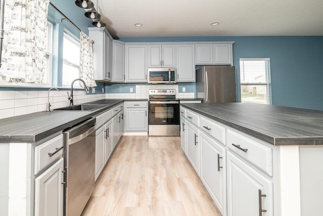 kitchen with light hardwood / wood-style floors, plenty of natural light, stainless steel appliances, and sink