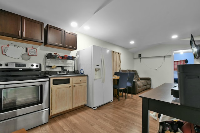 kitchen with light wood-type flooring, dark brown cabinets, electric stove, white fridge with ice dispenser, and lofted ceiling