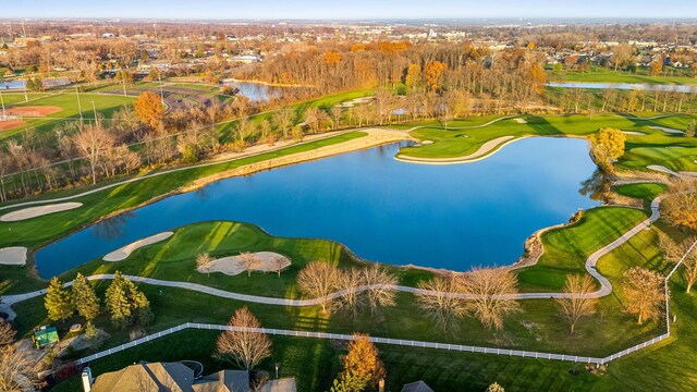 bird's eye view with a water view