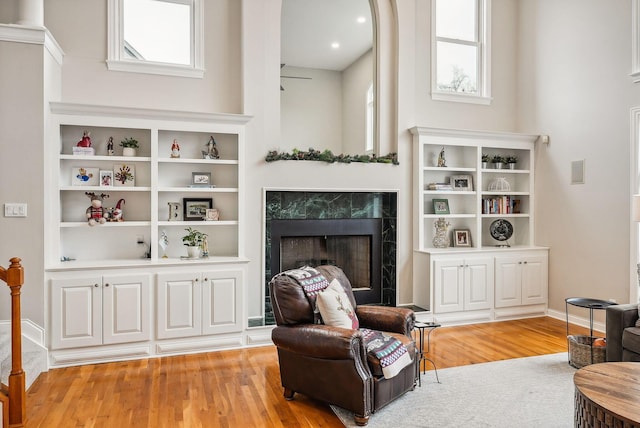 interior space featuring a premium fireplace, ceiling fan, a healthy amount of sunlight, and light wood-type flooring